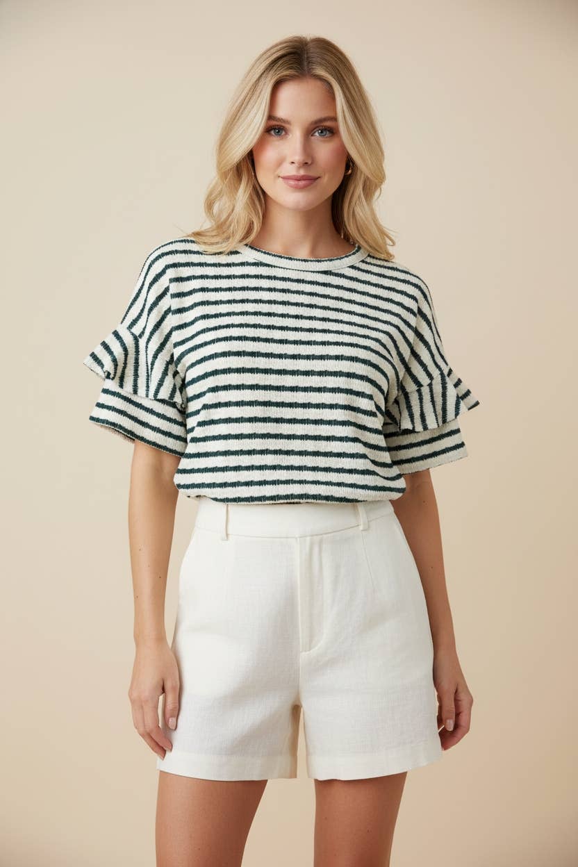 Ruffle Sleeve Jacquard Stripe Relaxed Silhouette Knit Top: CREAM/SAGE - Small-3X