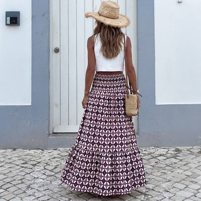 Geometric Chiffon Maxi Skirt Boho Smocked Tiered: Purple - Small - XL