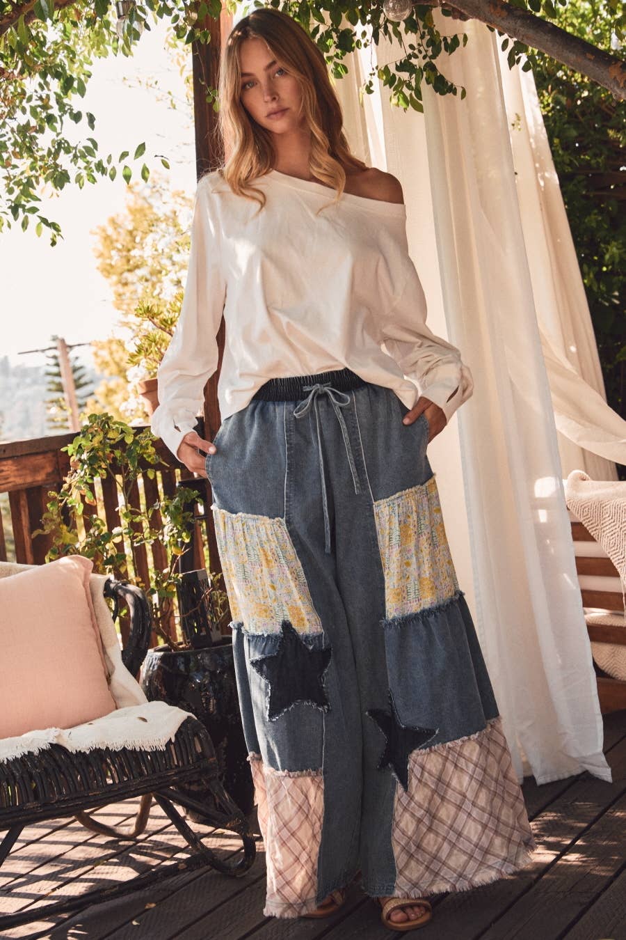 Mixed Fabric Patchwork Wide Leg Pants: WASHED DENIM