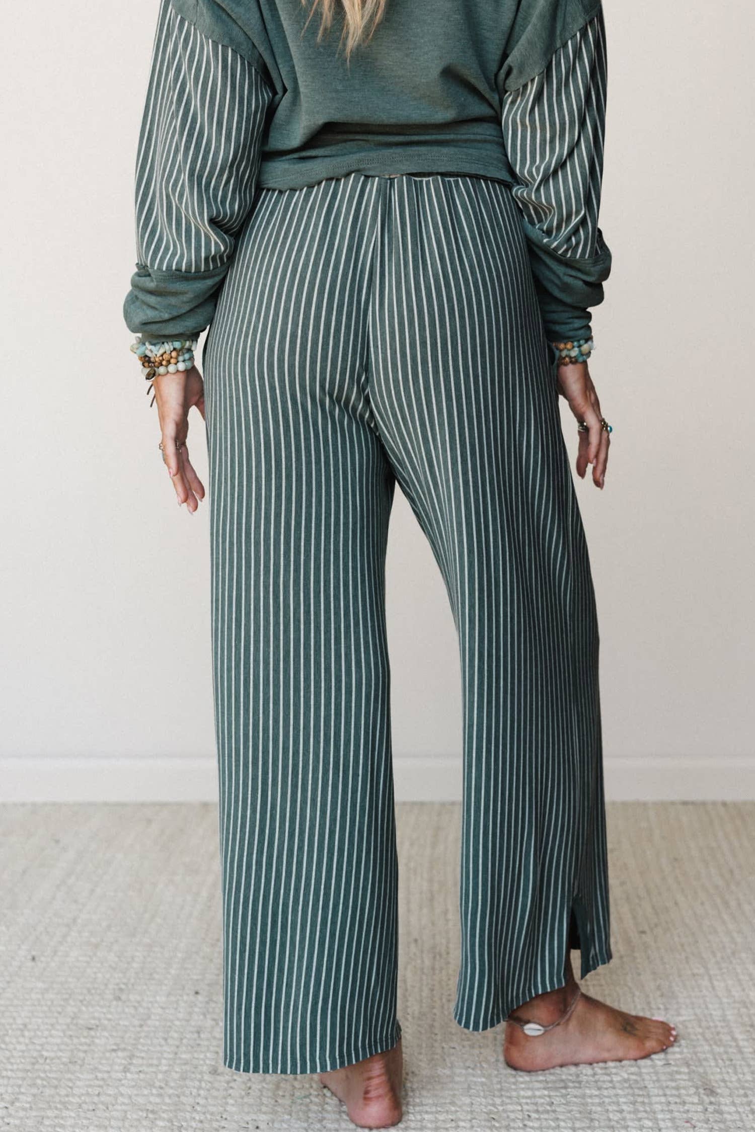 Striped Contrast High Waist Long Sleeve Pants Set Green - Sizes Small - XL