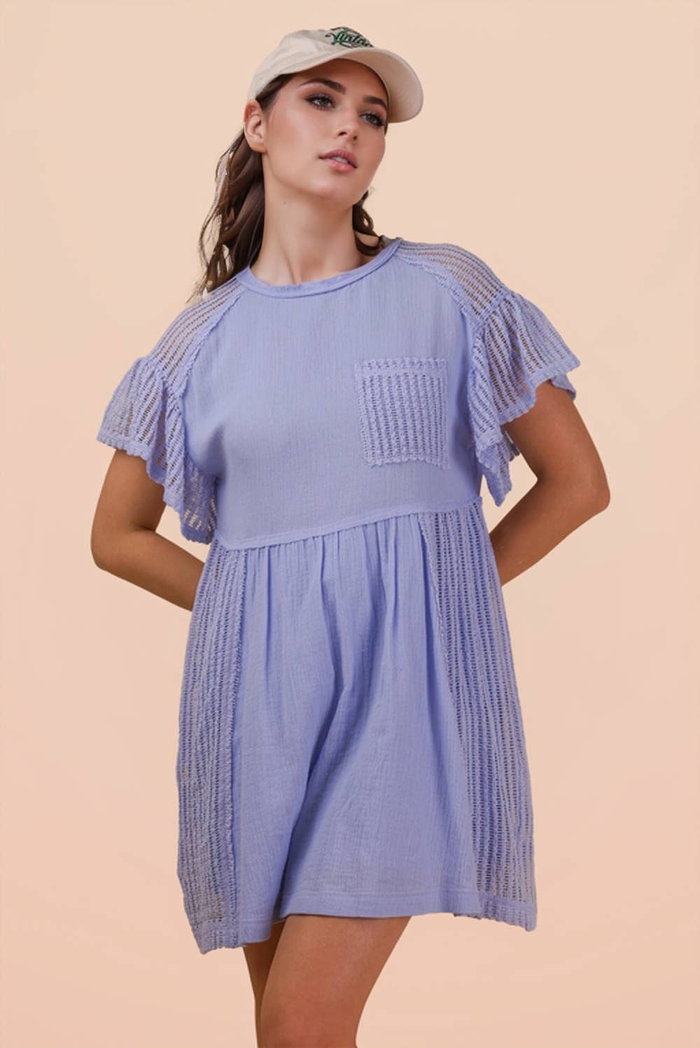 Waffle Knit Contrast Solid Comfy Mini Dress: BLUE / S-M-L/