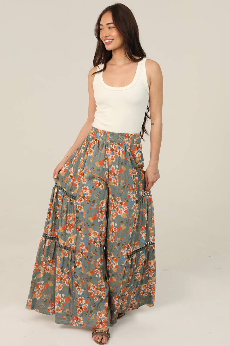 Boho Sunset Floral Wide Leg Pants Sizes Sm-Lg