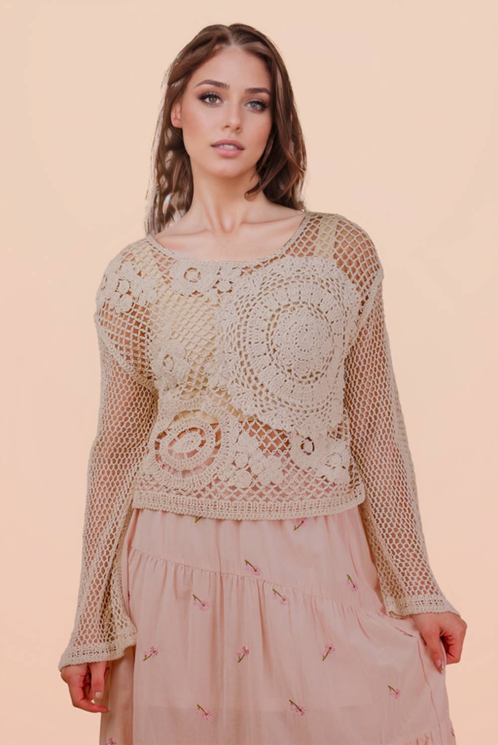 NT12142-Crochet Long Sleeve Knit Top: NATURAL / S.M-M.L/
