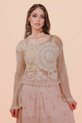 NT12142-Crochet Long Sleeve Knit Top: NATURAL / S.M-M.L/