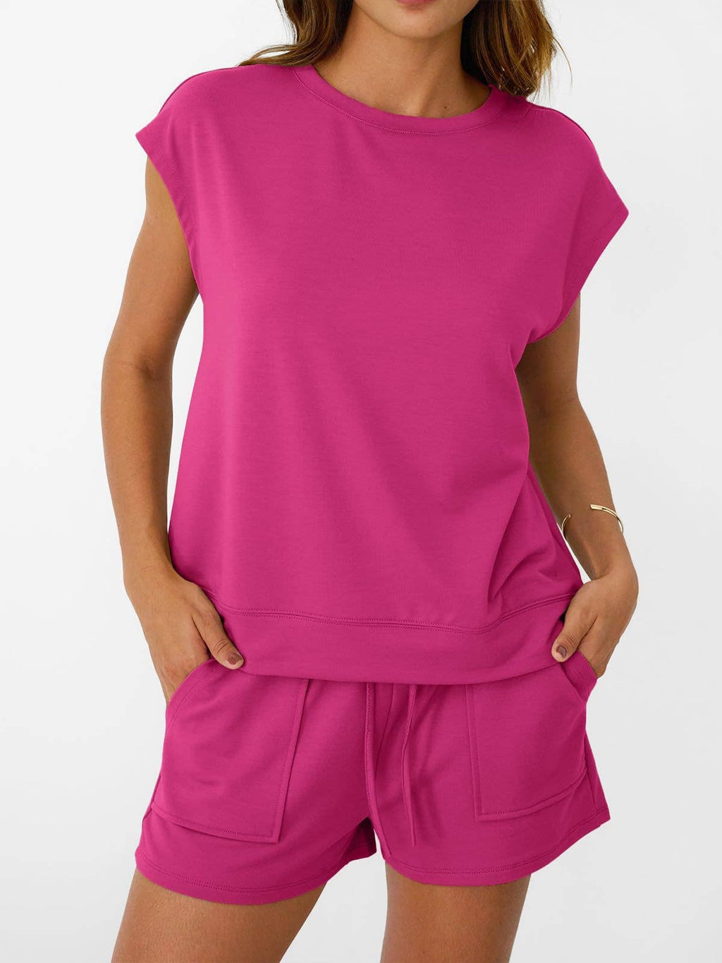Casual Short Sleeve Top and Shorts Two Piece Set: Olive Green or Hot Pink / S-XL