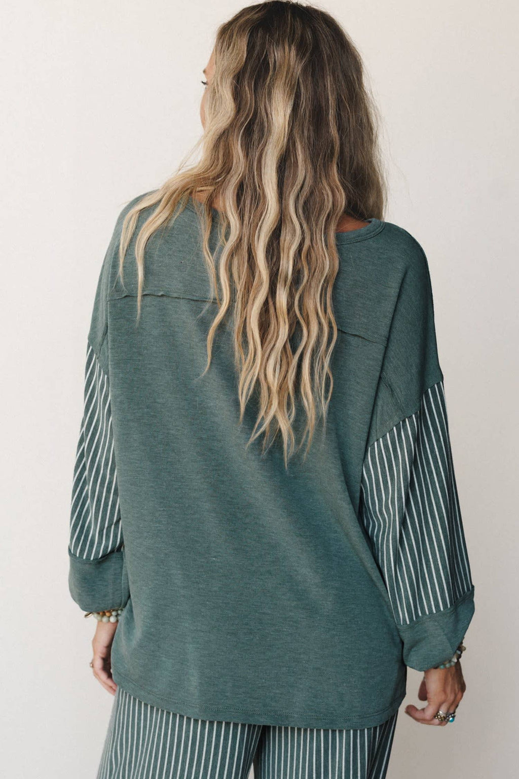 Striped Contrast High Waist Long Sleeve Pants Set Green - Sizes Small - XL