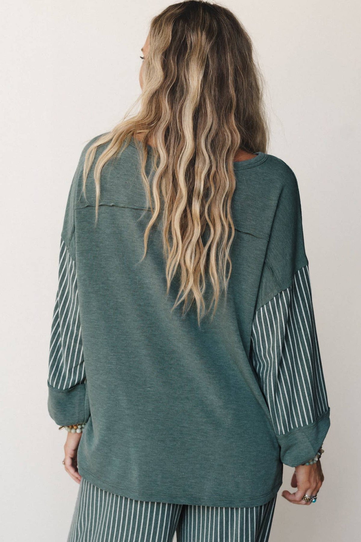 Striped Contrast High Waist Long Sleeve Pants Set Green - Sizes Small - XL