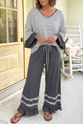 Stripe V Neck Ruffle Sleeve Drawstring Pants 2pcs Set : Gray with Black & White Stripe / Sizes Small - Large