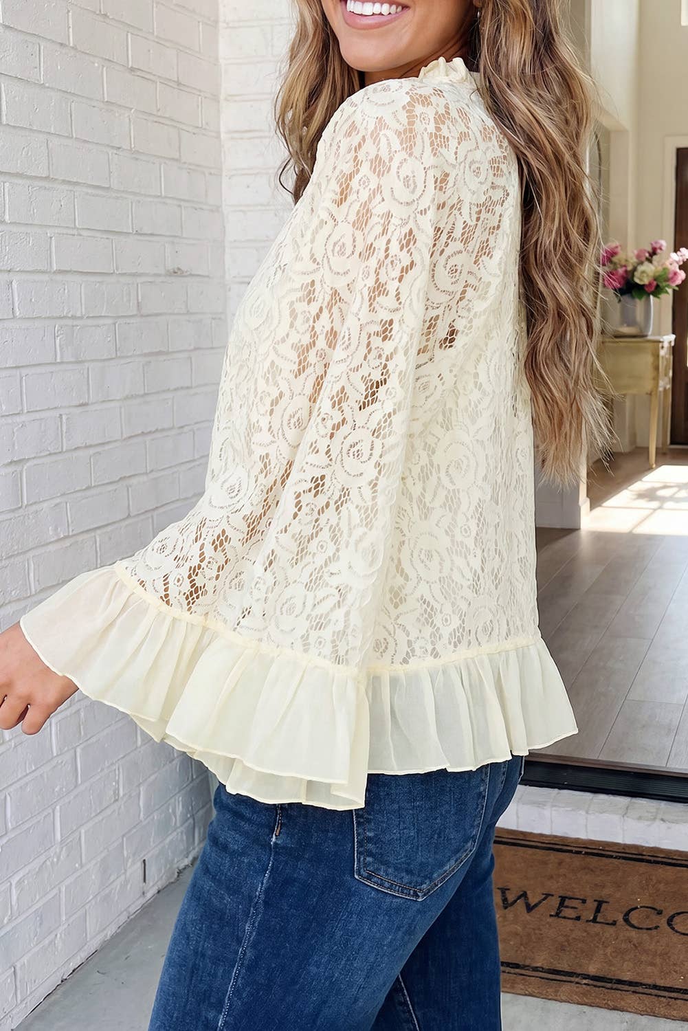Cream Lace Top wiht Ruffle Trim & Bell Sleeves / Sizes Small - X-Large