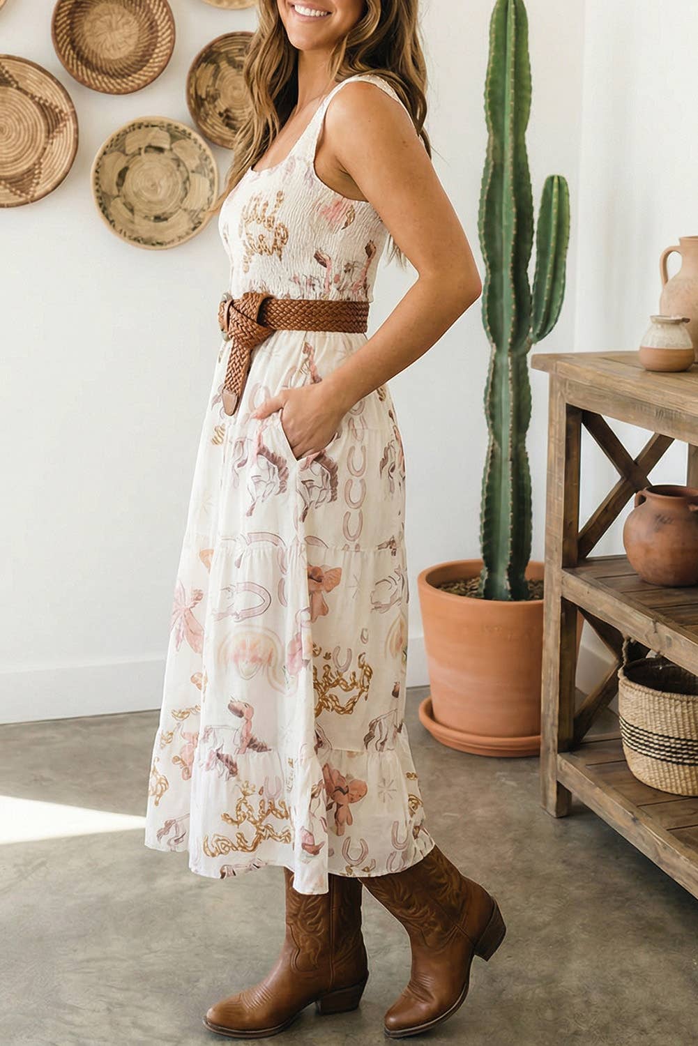 Western Horseshoe Print U-Neck Sleeveless Midi Dress