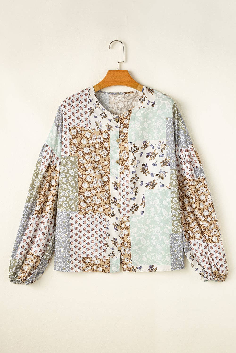 Multicolor Floral Patchwork Print Long Puff Sleeve Shirt: Multicolor - Small - XL