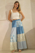 Oddi Elastic Waist Boho Patchwork Maxi Pants: Washed Denim / S-3X!