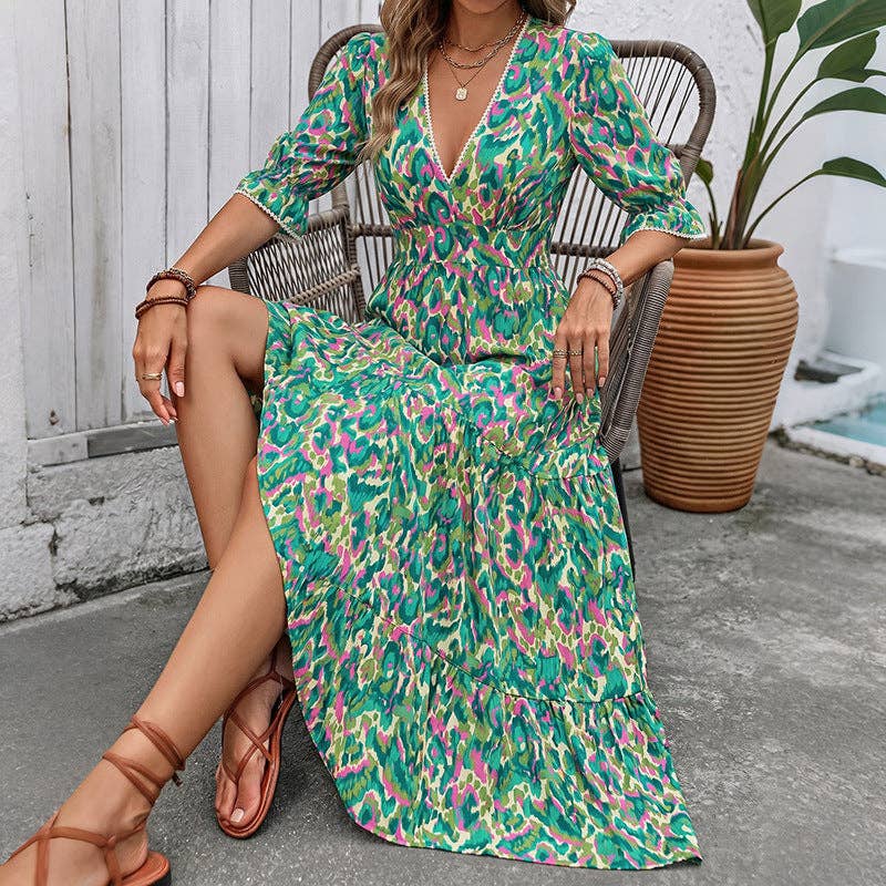 Abstract Maxi Dress V Neck Tiered: Green / 100% Viscose: Small - XL