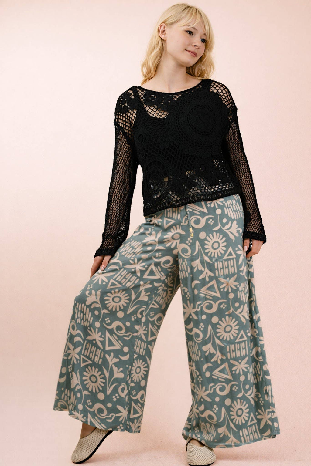 NT12142-Crochet Long Sleeve Knit Top: NATURAL / S.M-M.L/