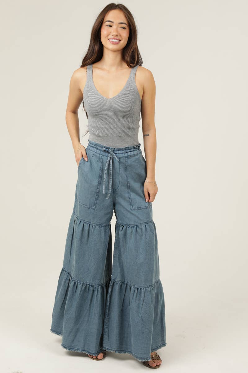 Denim Darling Tiered Wide Leg Pants Sizes Sm-Lg