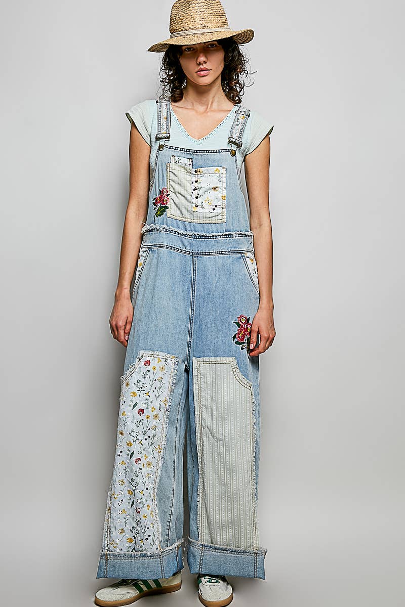 POL Relaxed Fit Floral Patchwork Embroidery Gauze Ruffle Hem Overall: DENIM
