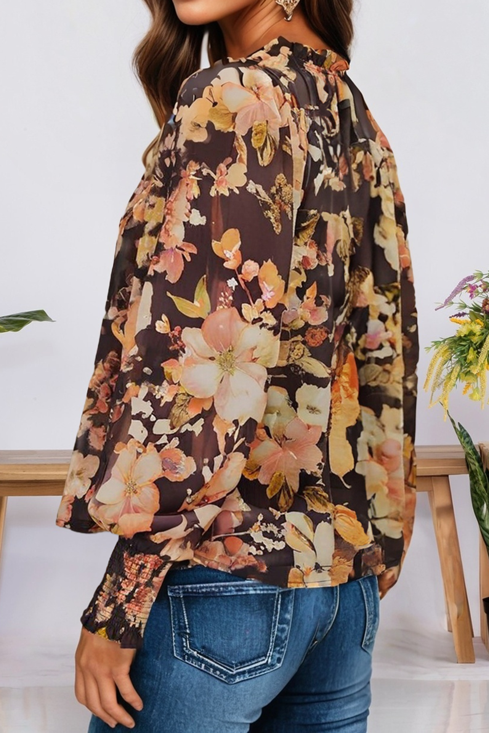 Fall Floral V Neck Long Puff Sleeve Breezy Blouse