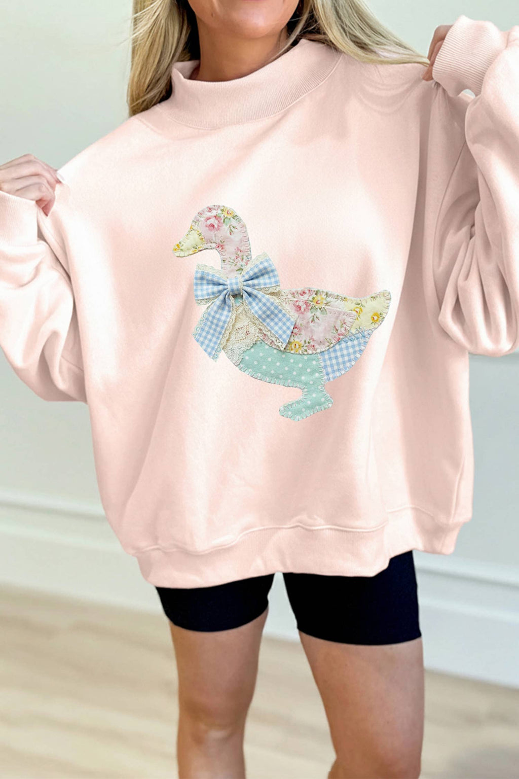 Patchwork Quilted Duck Faux Printed Mock Neck Sweatshirt: Pink