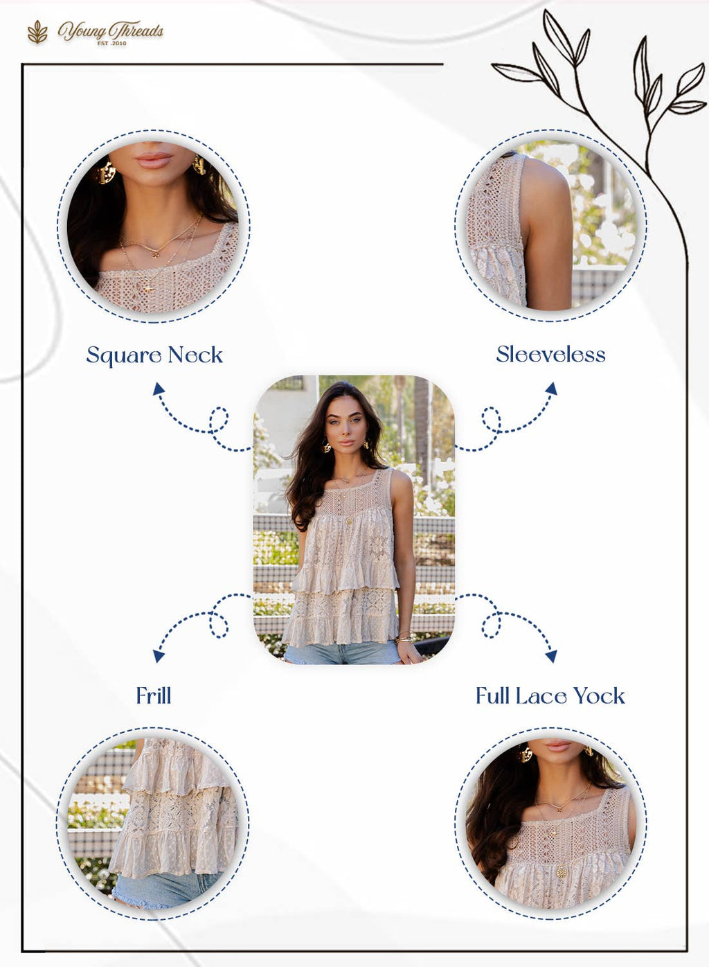 Young Threads Desert Dream Moonlight Tiered Lace Ruffle Ranch Top : LATTE / Small - XL