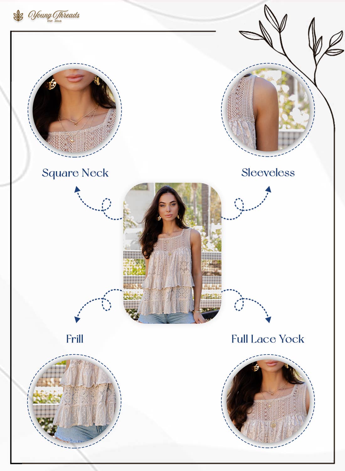 Young Threads Desert Dream Moonlight Tiered Lace Ruffle Ranch Top : LATTE / Small - XL