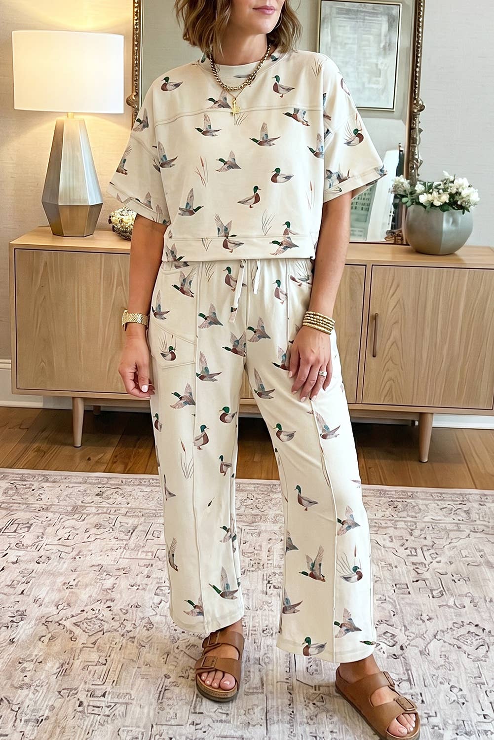 Mallard Print Cropped Tee Drawstring 2pcs Pants Set Beige