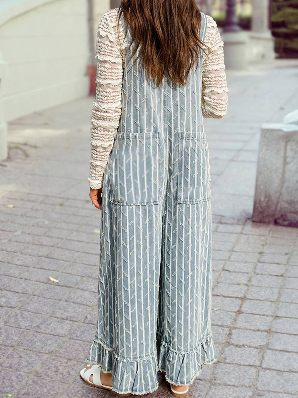 Striped Distressed Ruffled Wide Leg Denim Overalls/ M