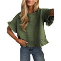 Boho Solid Knit Top Sweater Casual Eyelet Ruffle Sleeve: Olive Green or Khaki: Small - XL
