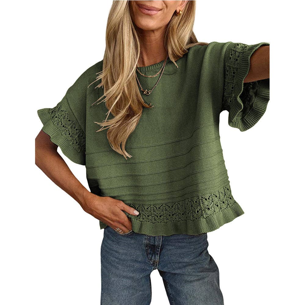Boho Solid Knit Top Sweater Casual Eyelet Ruffle Sleeve: Olive Green or Khaki: Small - XL