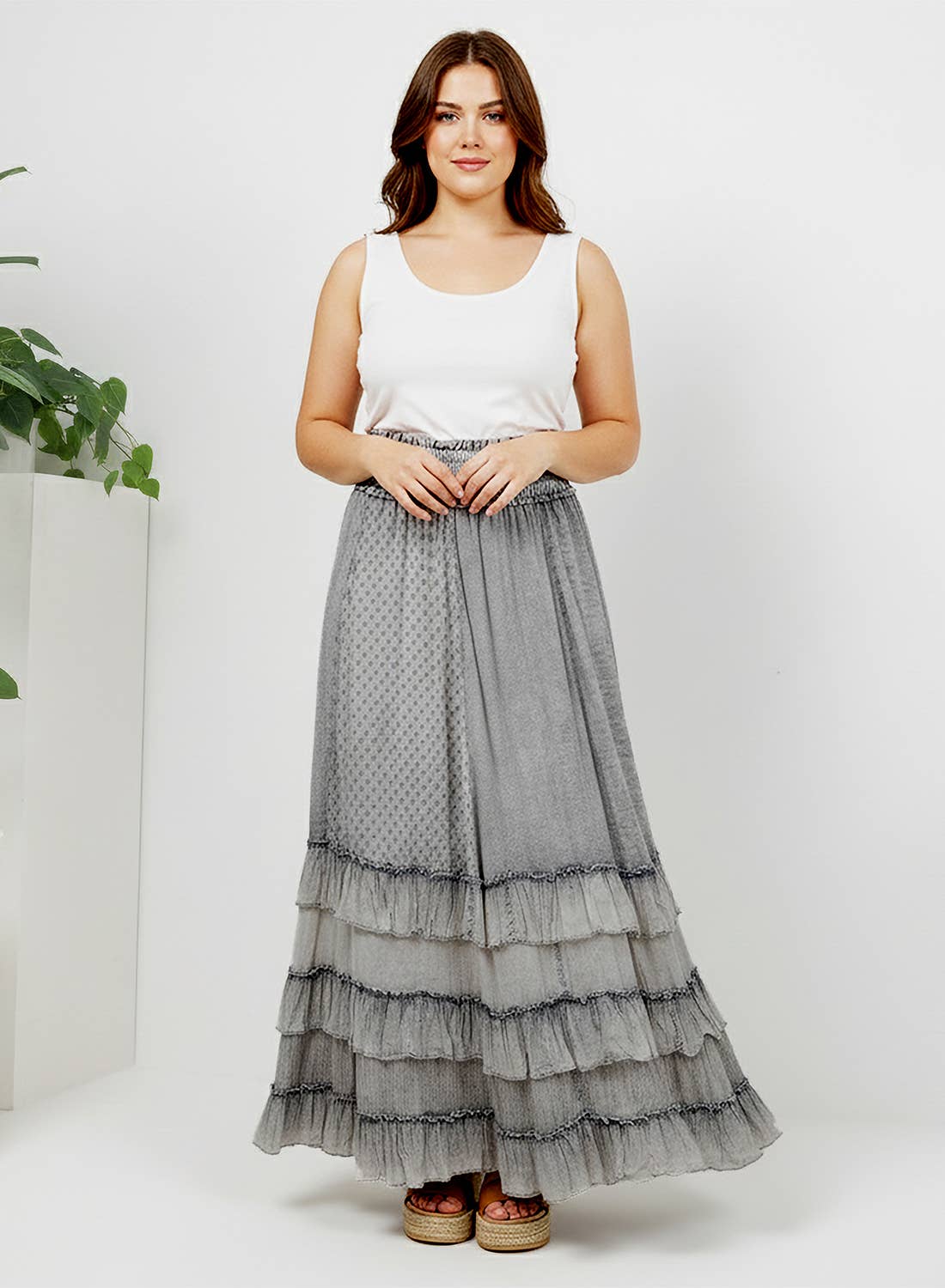 Young Threads: Rustic Textured Smocked Waist Ruffled Tiered Maxi Skirt: Gray / Small - 3X