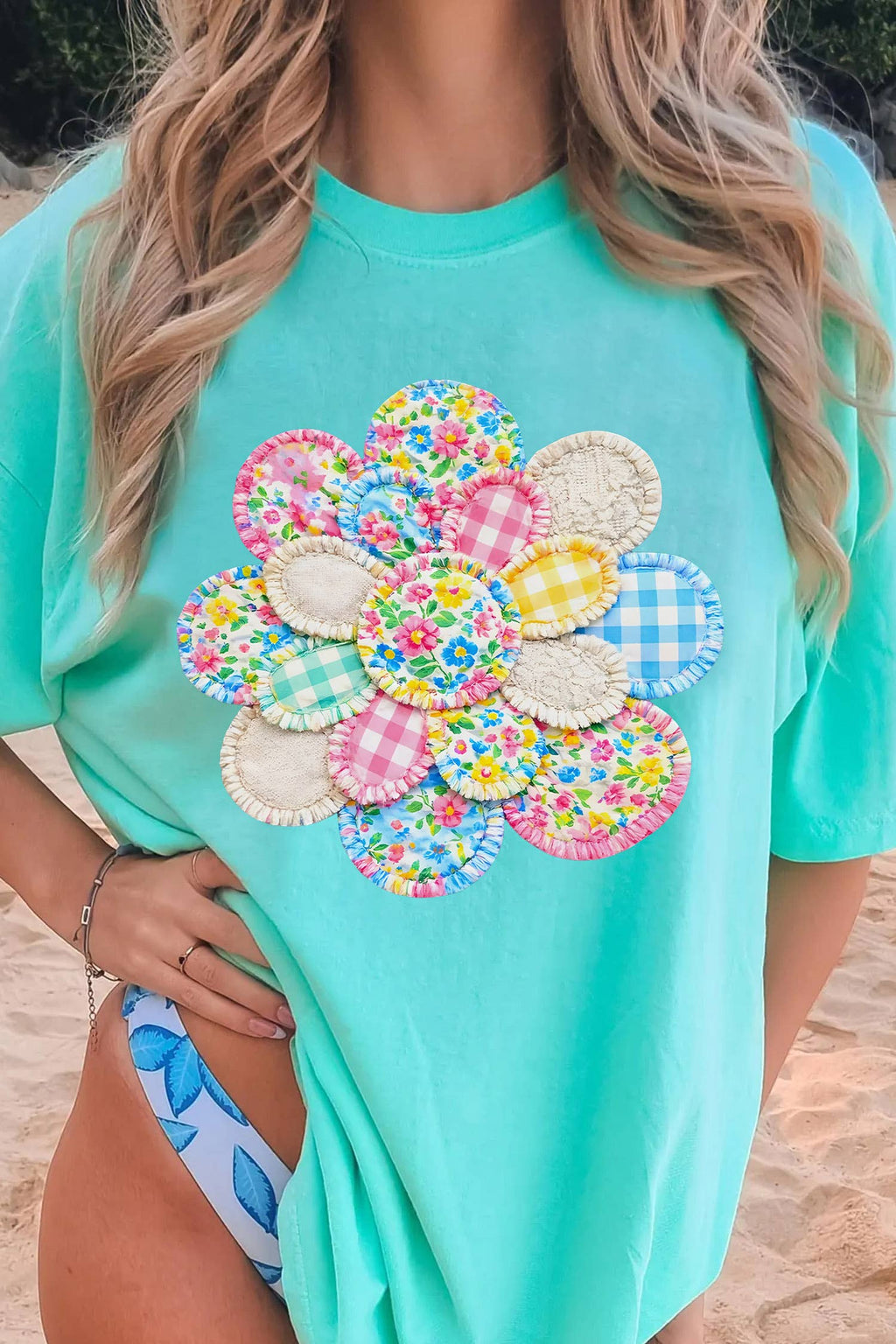 Patchwork Flower Printed Casual T Shirt : Mint Green S-3X