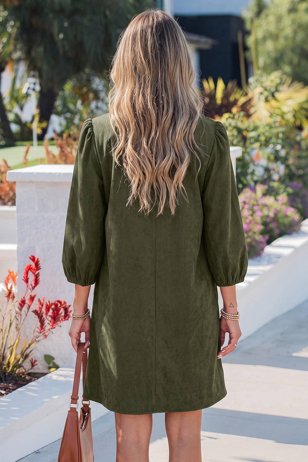 Scallop Split Neck Corduroy Pleated Dress With Pockets: Cinnamon / Moss Green - Sizes S-XL
