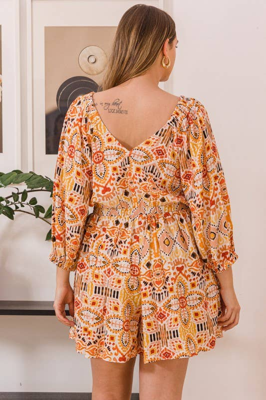 Aztec Pattern Printed Romper: Orange Multi / SUMMER SALE!!! Sizes Small - 3X!!