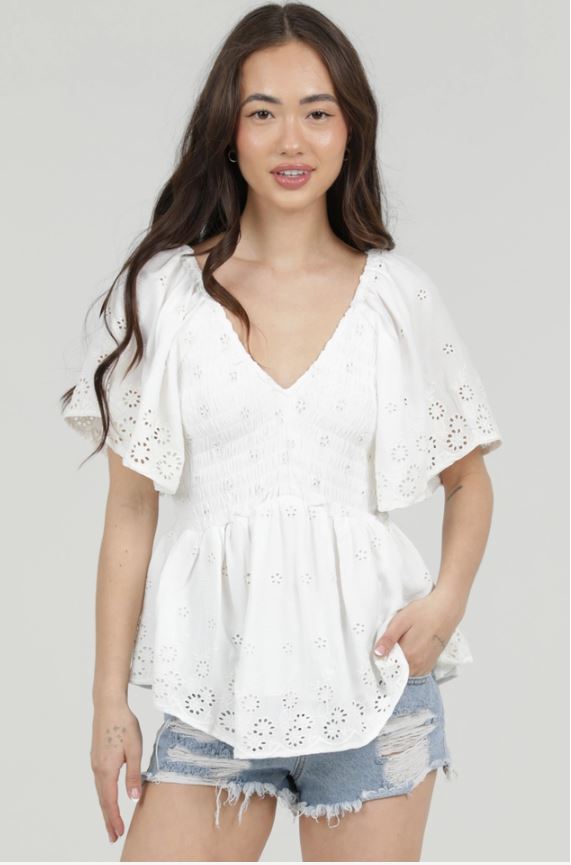 Romantic Flutter Sleeve Eyelet Blouse