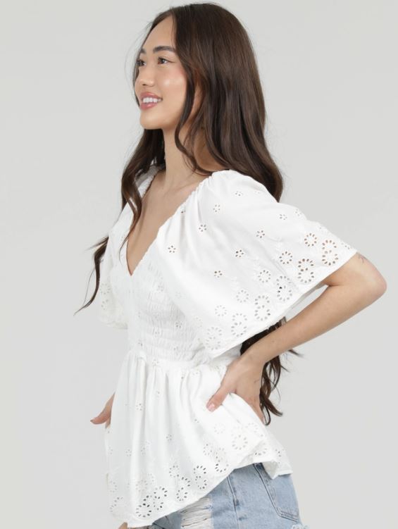 Romantic Flutter Sleeve Eyelet Blouse