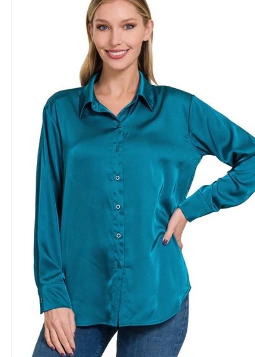 Zenana Teal Satin Button Down