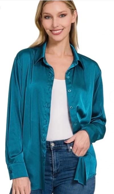 Zenana Teal Satin Button Down