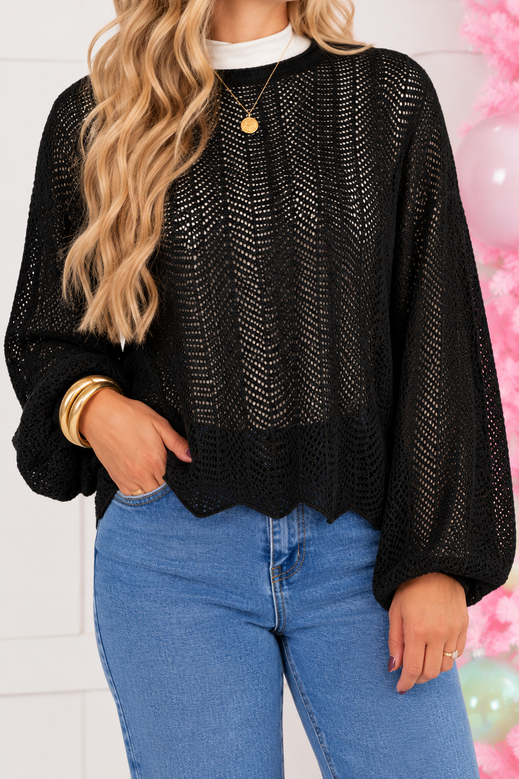 Zenana "Amazed With You" Hollow Out Black Crochet Sweater Sizes: Small - Large