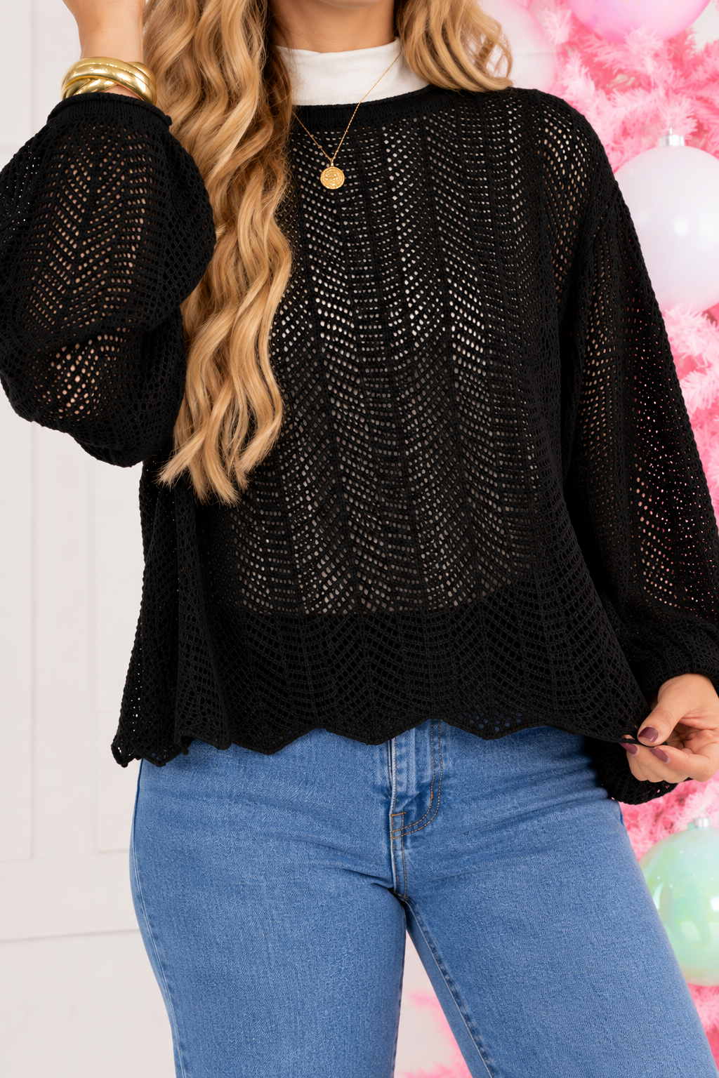 Zenana "Amazed With You" Hollow Out Black Crochet Sweater Sizes: Small - Large