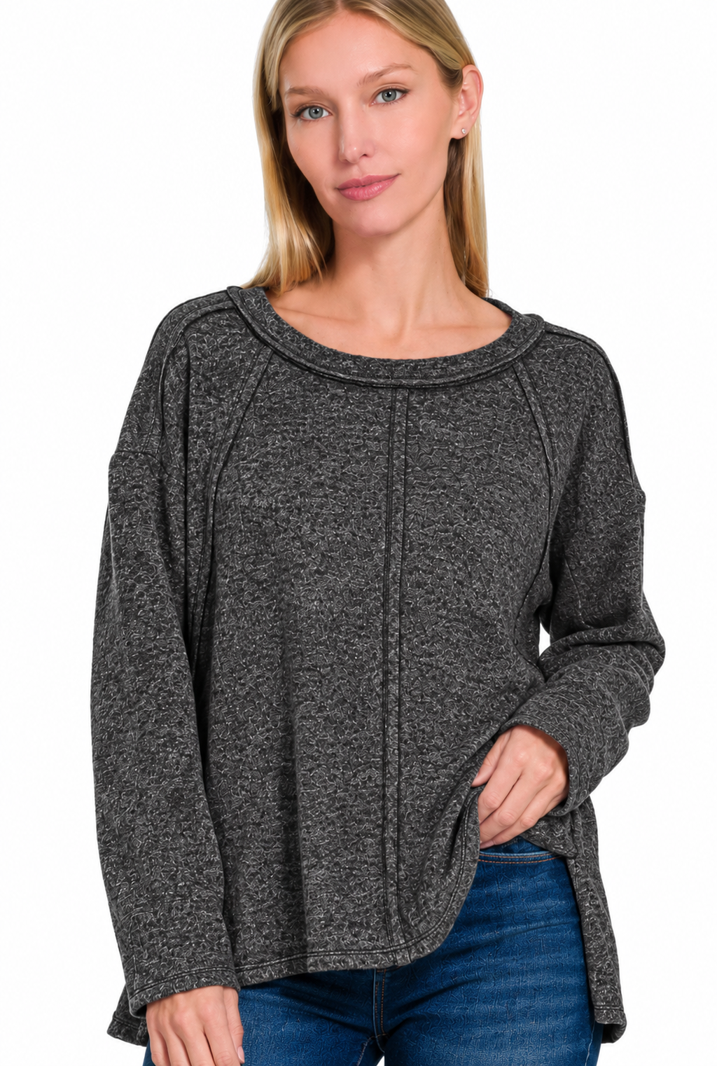 Zenana Hacci Exposed Seam Pullover - Heathered Black Sizes Sm/Med and Lg/XL