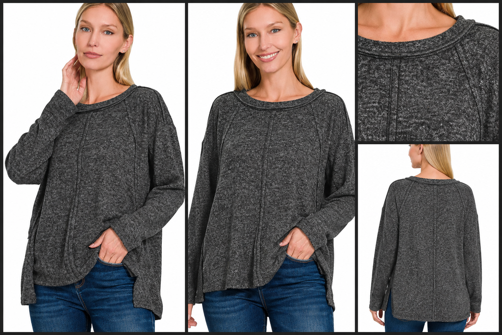 Zenana Hacci Exposed Seam Pullover - Heathered Black Sizes Sm/Med and Lg/XL