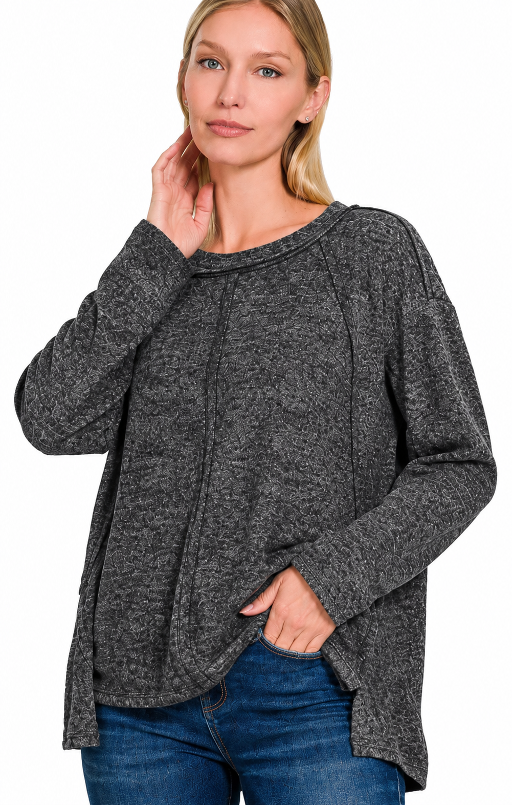 Zenana Hacci Exposed Seam Pullover - Heathered Black Sizes Sm/Med and Lg/XL