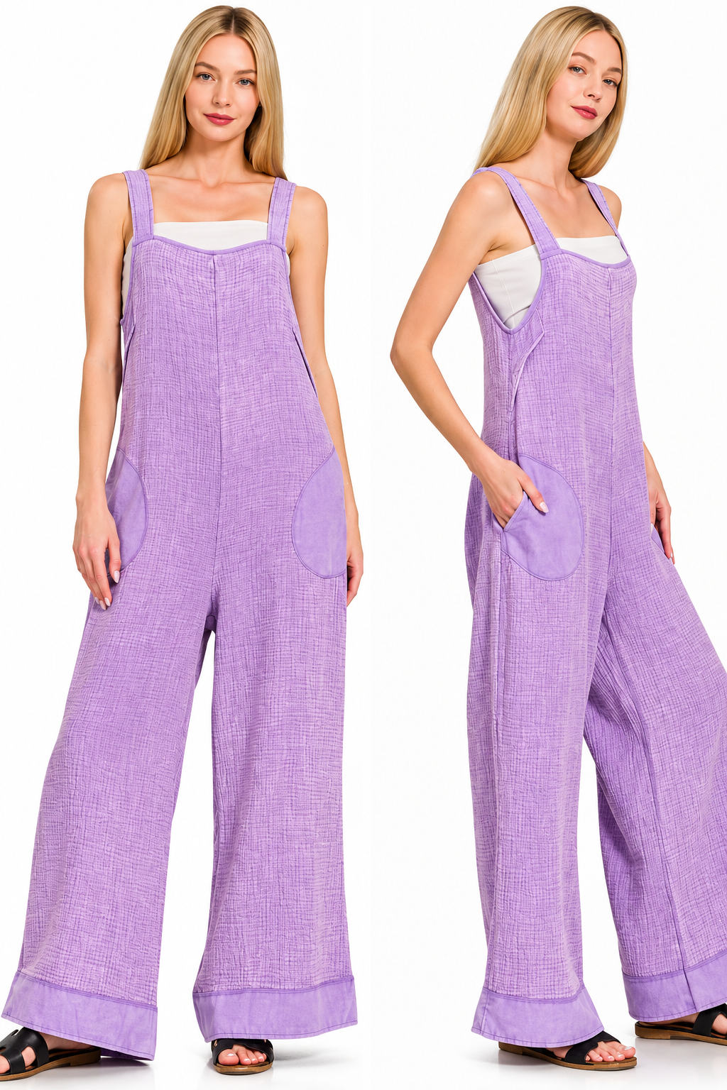 Zenana Mineral Washed Tie Back Gauze Overalls – Lavender
