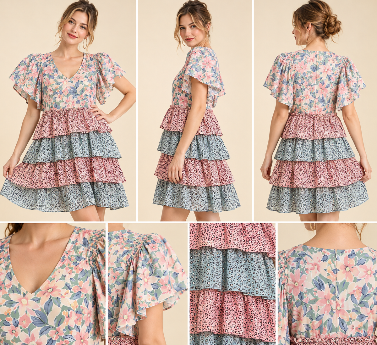 Floral with Pink and Blue "Heart" Cheetah Mini Tiered Dress by Umgee - Sizes Small - Large