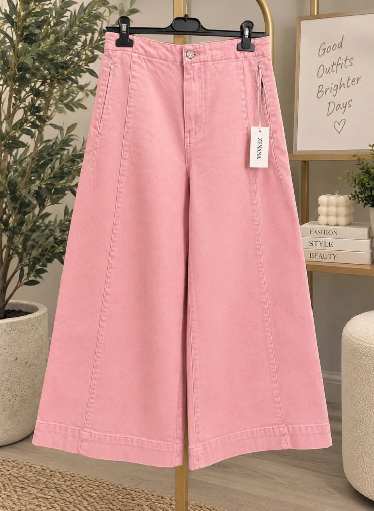 Zenana Pretty in Pink Denim Cropped Wide Leg Pants Sizes Small - Large