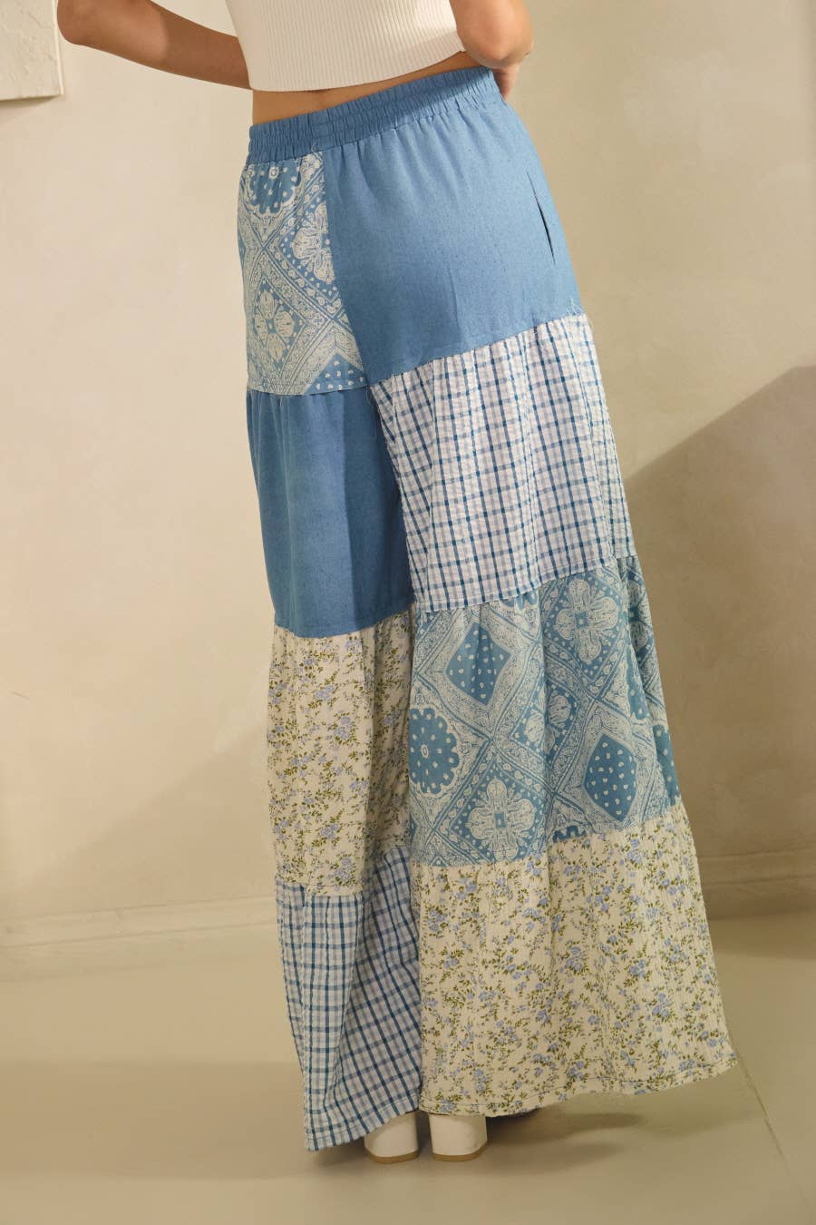 Oddi Elastic Waist Boho Patchwork Maxi Pants: Washed Denim / S-3X!