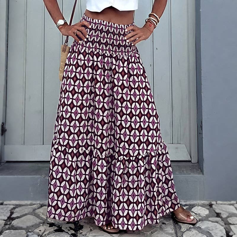 Geometric Chiffon Maxi Skirt Boho Smocked Tiered: Purple - Small - XL
