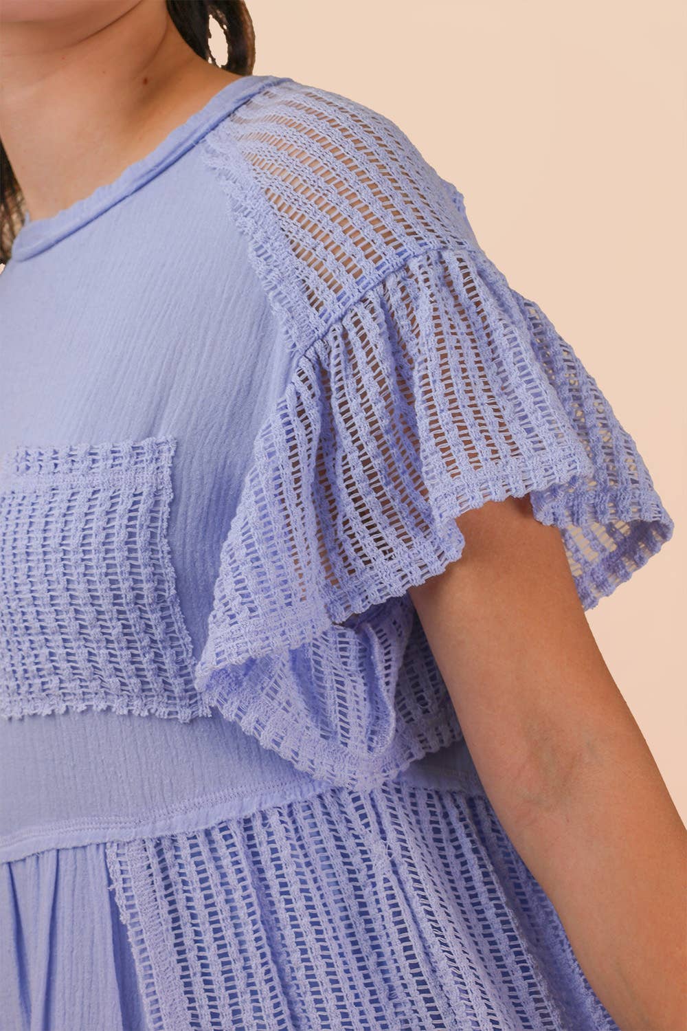 Waffle Knit Contrast Solid Comfy Mini Dress: BLUE / S-M-L/