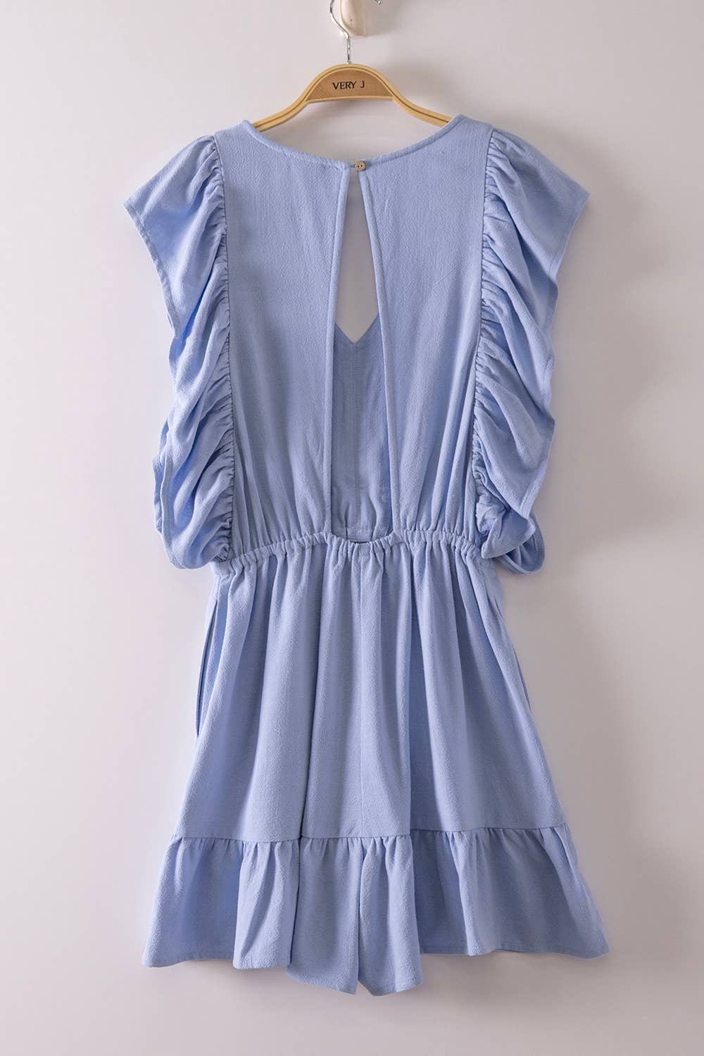 Ruffled Sleeve Romper with Teardrop Back Cutout Detail: Blue/Yellow/Pink** SUMMER SALE!!! ** Sizes Small - Large!