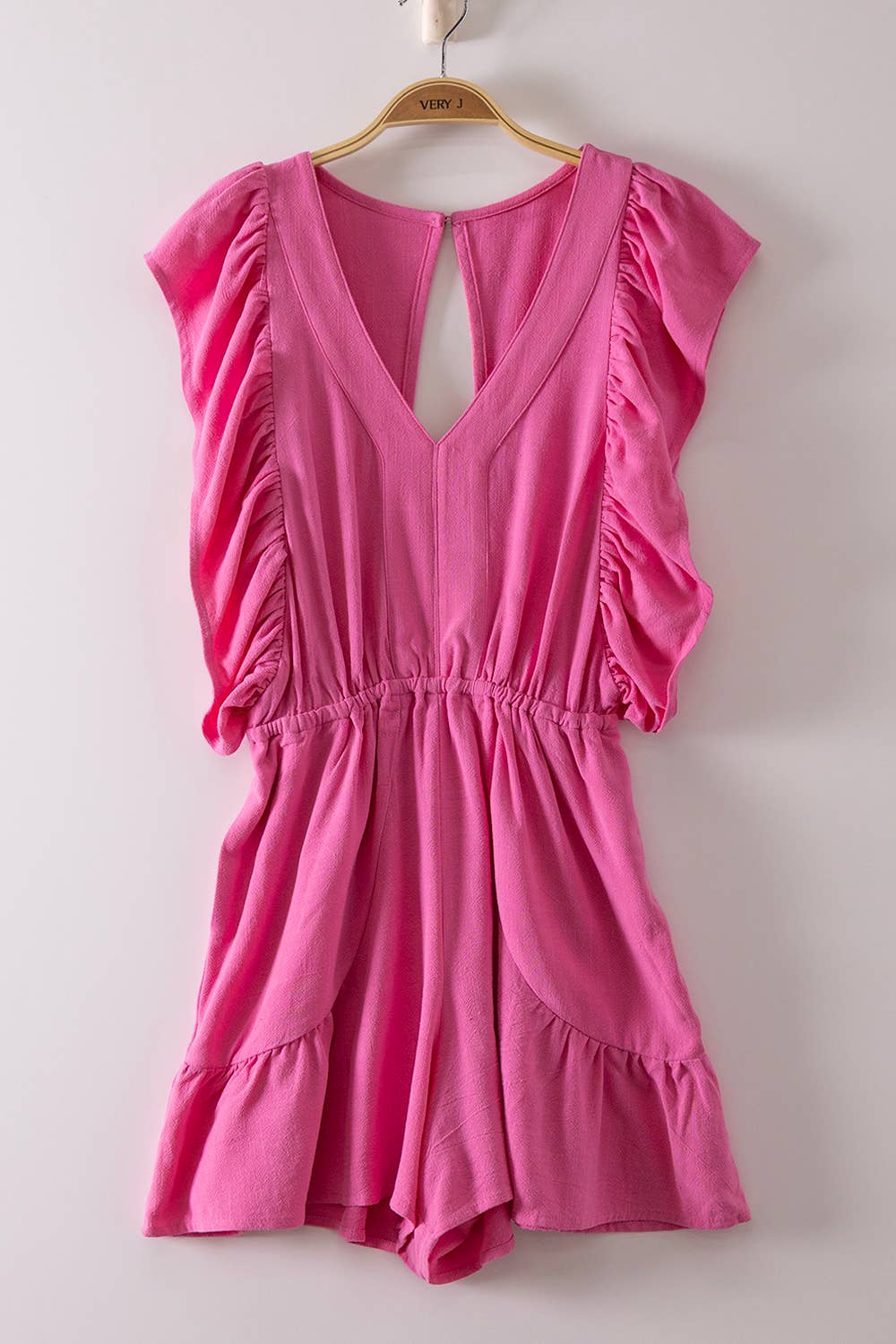 Ruffled Sleeve Romper with Teardrop Back Cutout Detail: Blue/Yellow/Pink** SUMMER SALE!!! ** Sizes Small - Large!