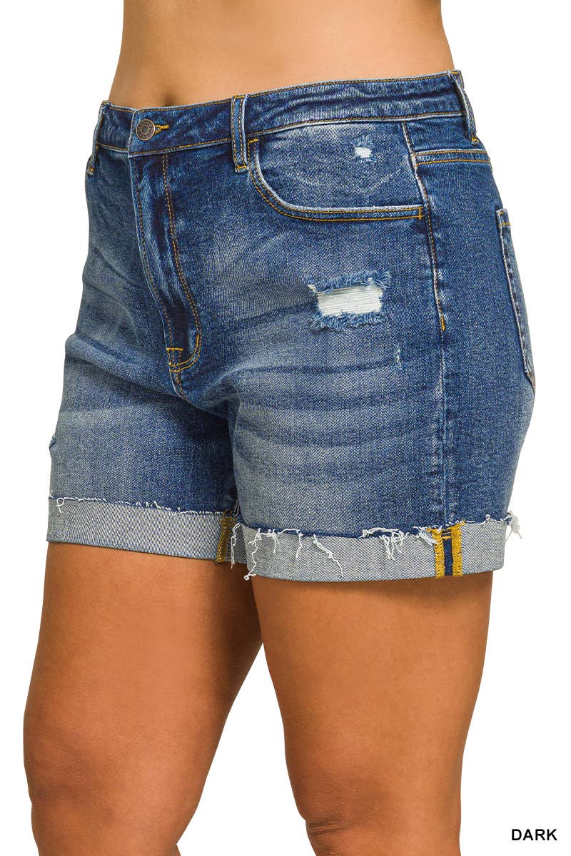 Plus Distressed Cuffed Raw Hem Denim Shorts Zenana: +DARK / Sizes 1X-3X